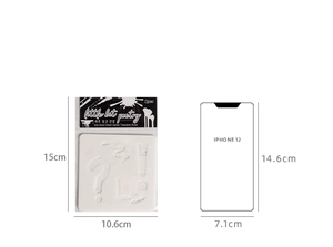 Detailed view of 6-piece PET stencil set with dimensions 15x10.6cm and abstract patterns