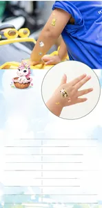 Dettaglio di tatuaggi temporanei impermeabili per bambini con disegni di unicorni e panda