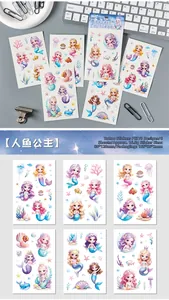 Adesivi per tatuaggi d'acqua colorati con sirene per bambini, set di 6 fogli
