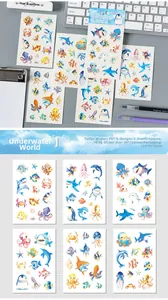 Dettaglio del set di 6 tatuaggi temporanei in PET a tema marino per bambini con squali e pesci