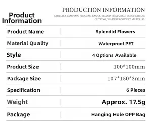 Detailed specifications for Splendid Flowers waterproof PET stickers with gold stamping