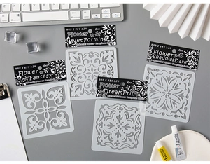 Detailed macro view of 6-piece floral PET stencil set for DIY scrapbooking and painting