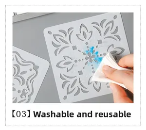 Close-up of washable white PET floral stencil showing easy cleaning with a paper towel