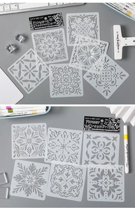 Detail of 6-piece flower mandala PET stencil set for DIY drawing and painting