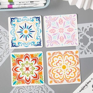 Mandala painting template set with colorful flower cards and DIY hollow stencils