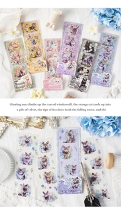 Close-up of cat and flower theme decorative stickers in beautiful stationery lifestyle setting