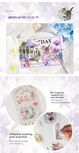 Detail of waterproof PET cat stickers showing delicate purple floral motifs and kittens