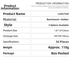 Detailed spec sheet for 36-piece beech wood lucky seal alphabet and number stamp set