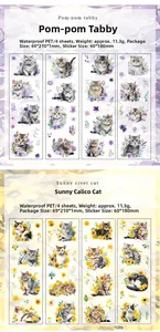 Detail of waterproof PET cat stickers in purple floral and yellow sunflower themes