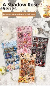 Macro shot of vintage style stickers featuring diverse themes for DIY scrapbooking