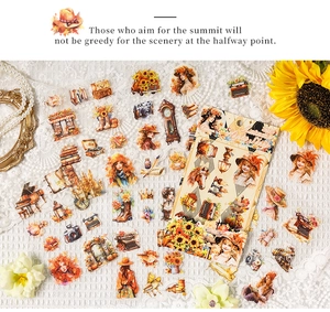 Close-up of vintage autumn stickers featuring sunfowers and girls on white lace cloth