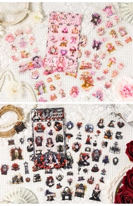 Close-up of vintage scrapbook stickers featuring Dream Phantom and Contract of Spades themes