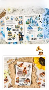 Macro view of vintage PET stickers featuring classical European buildings and blue floral motifs