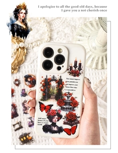 Detail of vintage Gothic PET phone case with black rose and fountain illustration