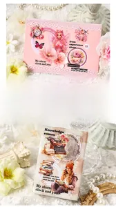 Close-up of vintage fairy and flower PET stickers collage with elegant lace details