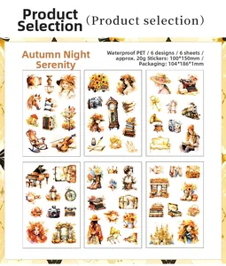Macro view of vintage Autumn Night PET waterproof stickers with retro floral motifs