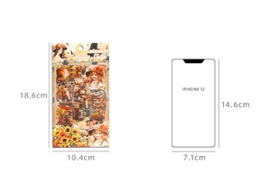 Detailed size comparison of retro autumn stickers next to an iPhone 12 for scale