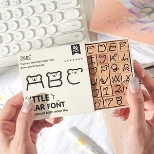 36-piece little bear themed beech wood stamp set featuring letters and numbers for DIY