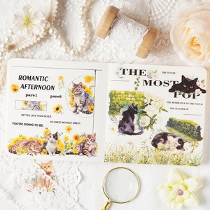 Vintage cute cat themed stickers for journaling with retro floral and botanical designs