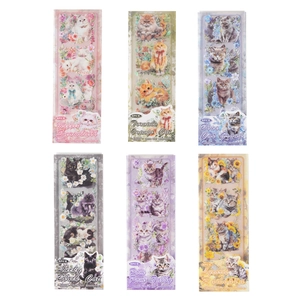 Retro cat themed stickers set with floral patterns for DIY scrapbooking 6 packs