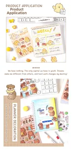 Detailed close-up of cute cartoon chicken and bear 3D stickers on a DIY weekly planner