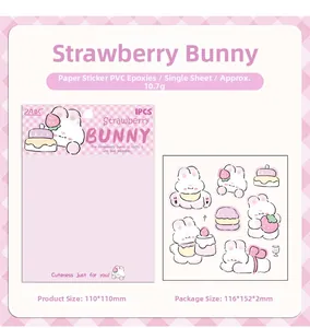 Detailed view of 3D strawberry bunny resin stickers with dimensions and packaging