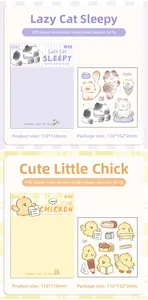 Detail view of 3D epoxy resin stickers featuring cute cartoon cat and chicken designs