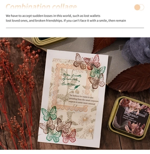 Detail of vintage flower and butterfly collage cards with a matching tin storage box