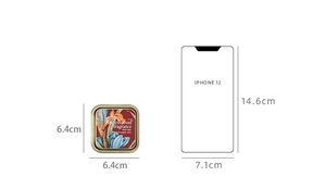 Retro ink pad tin box size 6.4cm compared to iPhone 12 for scale demonstration