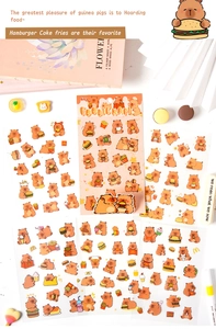Detailed close-up of six sheets of cute Foodie Kapi themed waterproof cartoon stickers