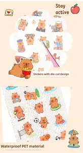 Detail of waterproof PET cartoon bear stickers with pre-cut shapes for DIY journaling