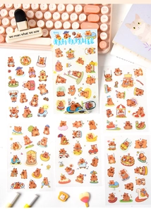 Detailed view of 6-piece Kapibara cartoon sticker set on a cozy desk setup with a keyboard