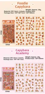 Detailed specs of Capybara PET sticker sheets showing 150x100mm dimensions and packaging