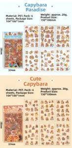 Detailed view of waterproof PET capybara sticker set with 6 sheets for DIY journals