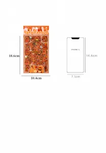 Size comparison of cartoon bear stickers set with phone showing dimensions and packaging