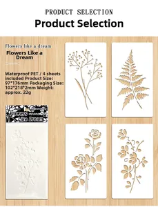 Dettaglio di 4 stencil in PET floreali 97x176mm per pittura e decorazione creativa