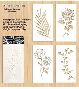 Dettaglio di 4 stencil floreali in PET impermeabili con confezione su legno