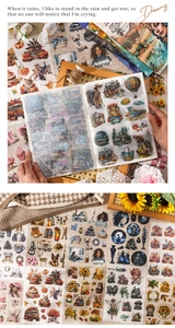 Macro view of vintage style PET stickers set featuring floral and travel illustrations