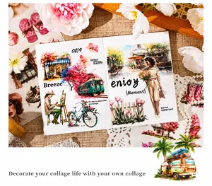 Detail of vintage scrapbooking stickers with retro architecture and floral motifs