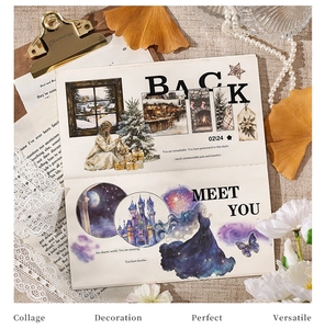 Detailed collage of vintage PET stickers featuring retro castles and winter butterflies