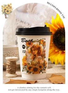 Artistic sunflower woman sticker applied on a white paper cup with a black lid detail