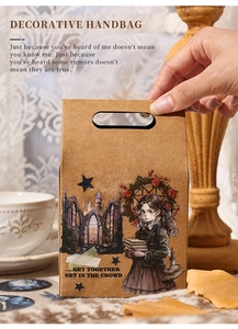 Detail of vintage gothic illustration on brown kraft paper gift bag with die-cut handles