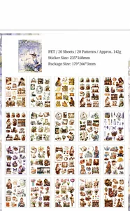 Detailed catalog of 20 vintage floral PET stickers for scrapbooking with sizes and specs