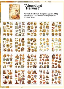 Detail view of 20 harvest-themed PET stickers with sunflowers and vintage patterns