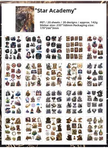 Detailed grid view of 20 unique PET decorative stickers from the Star Academy collection
