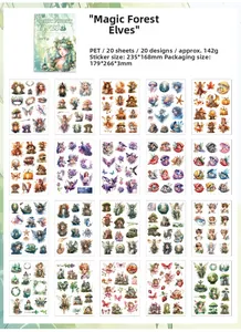 Macro detail of Magic Forest Elves PET sticker set showing 20 sheets with 235x168mm size