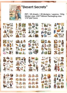 Grid view of 20 PET scrapbooking stickers featuring Egyptian and desert motifs