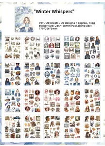 Grid display showing 20 vintage winter-themed PET stickers with various aesthetic patterns