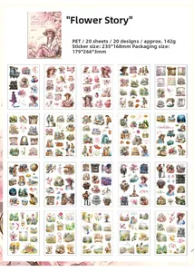 Detail view of 20 vintage PET floral and figure stickers for scrapbooking and collage