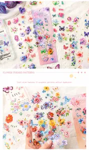 Makro-Detail von transparenten PET-Aufklebern mit Blumen- und Schmetterlingsmotiven für DIY-Journals